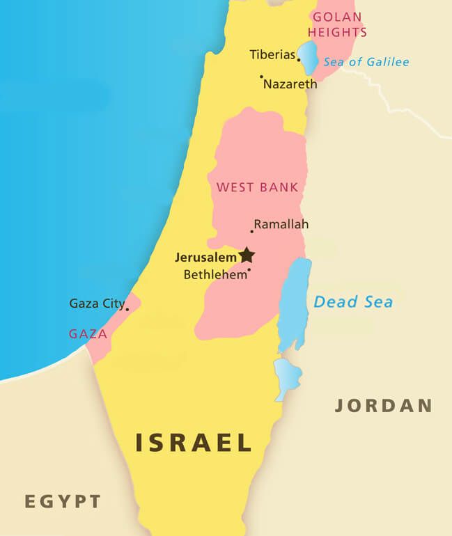 Dải Gaza và Bờ Tây hiện nay do Hamas và chính quyền PLO lần lượt kiểm soát.